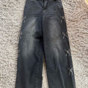 Elegant Black Women's Straight Leg Jeans with Bow Details